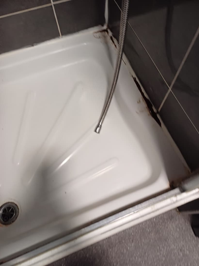 Shower tray before cleaning — black mould and grime along the seal