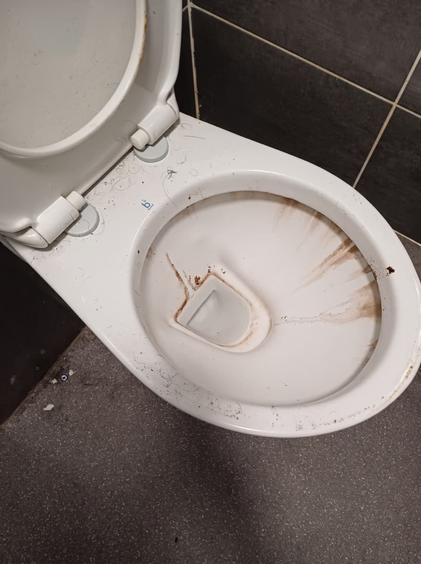 Toilet before an end of tenancy clean — heavy limescale and staining